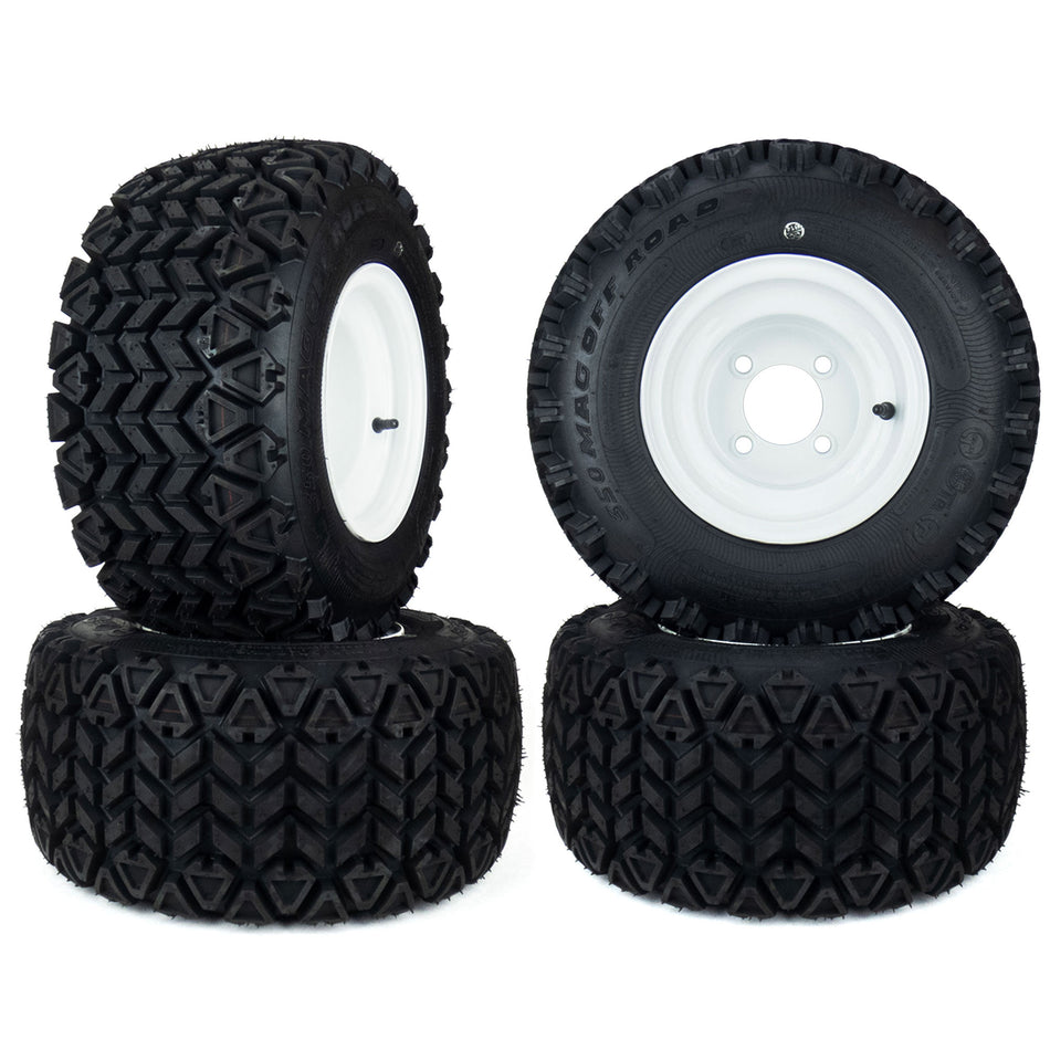 (4) All Terrain Universal Tire Assemblies White 18x8.50-8 No Lift Required