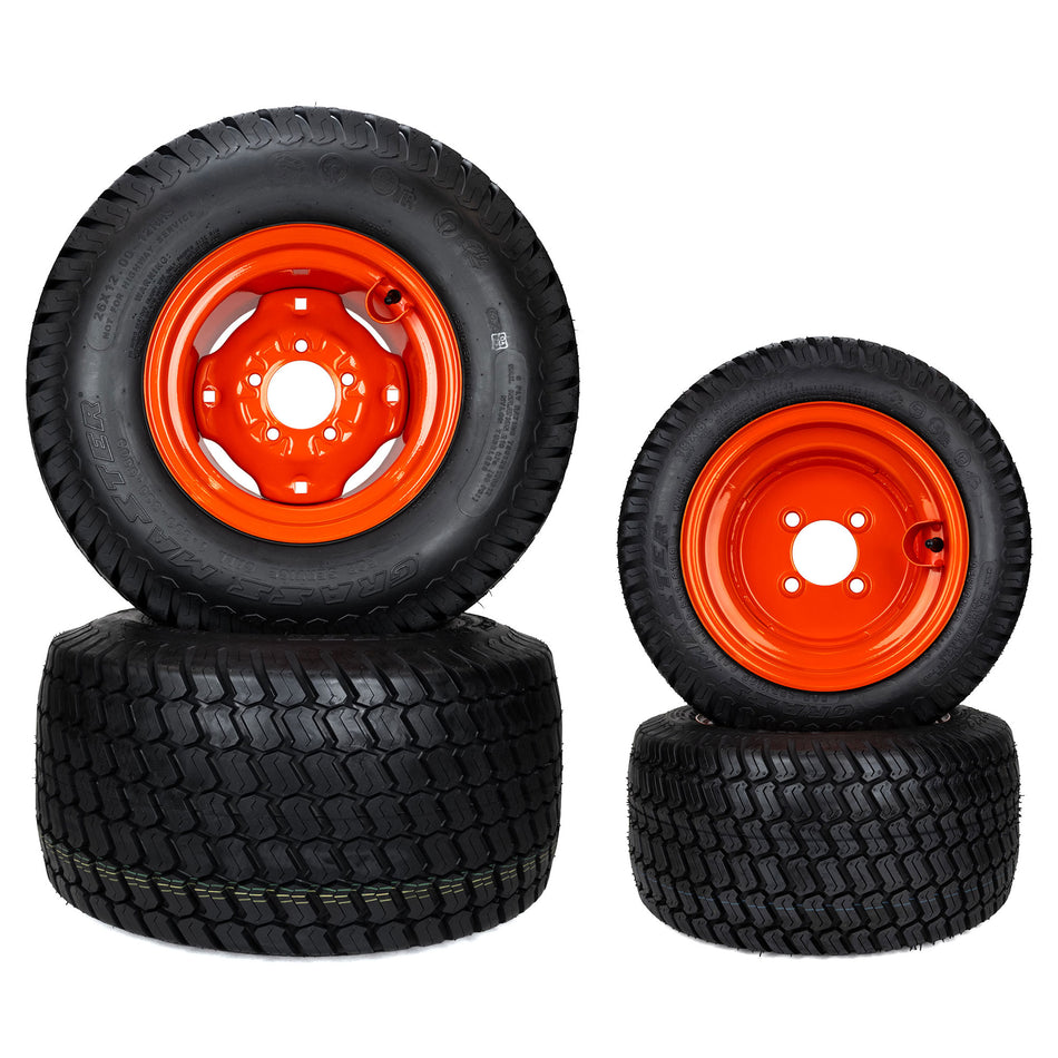 (4) Turf Tire Assemblies 26x12.00-12 18x8.50-10 Fits Kubota BX Series K2561-17100 K2581-18100