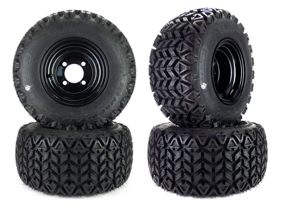 (4) All Terrain Universal Tire Assemblies Black 18x8.50-8 No Lift Required