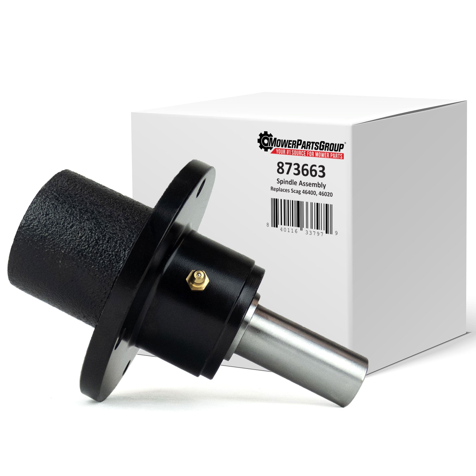 A black cast iron spindle assembly for lawn mowers, displayed next to its white packaging box which has the product number 873663 printed on it.