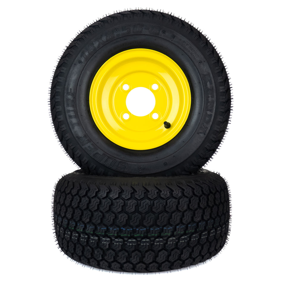(2) Super Turf Tire Assemblies 18x8.50-8 Fits John Deere ZTrak Z315E Z320M Z320R Z370R 42" UC29108 UC29109