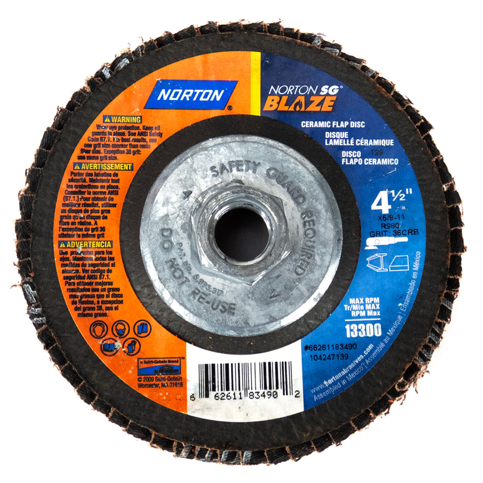 R980P Abrasive Flap Disc, Type 29, Threaded Hole, Fiberglass Backing, Ceramic Aluminum Oxide, 4-1/2" Dia., 36 Grit (Pack of 10)