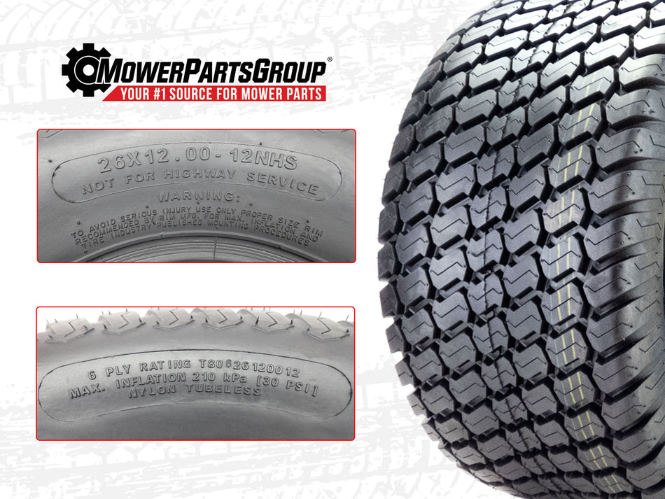 (1) OTR Grassmaster 26x12.00-12 6 Ply Tire for Zero Turn Mowers