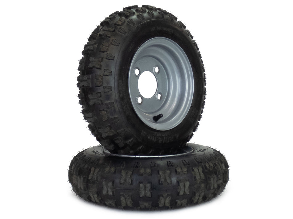 (2) All Terrain Tread 4.80/4.00-8 All Purpose Cart Wheels and Tires 4 Lug Silver